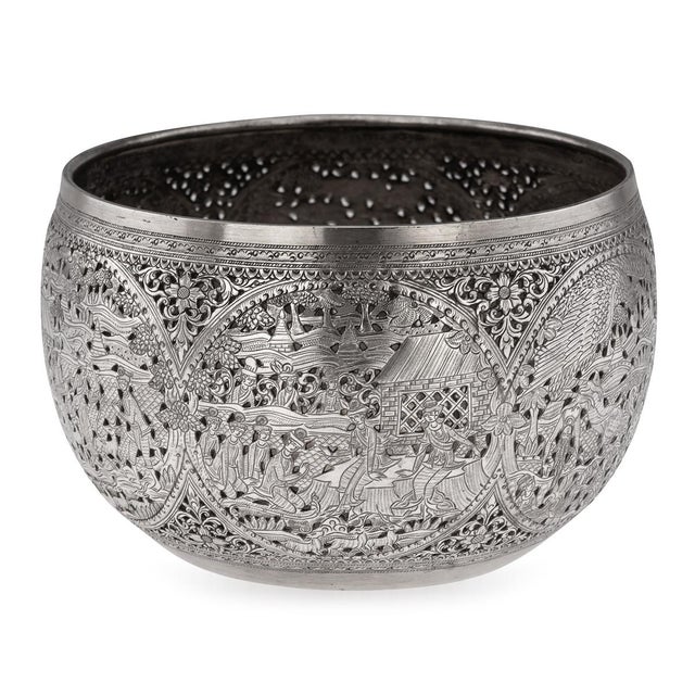 Antique Burmese Pierced Silver Pyusawhti Folk Tale Bowl, 1918 For Sale - Image 17 of 17