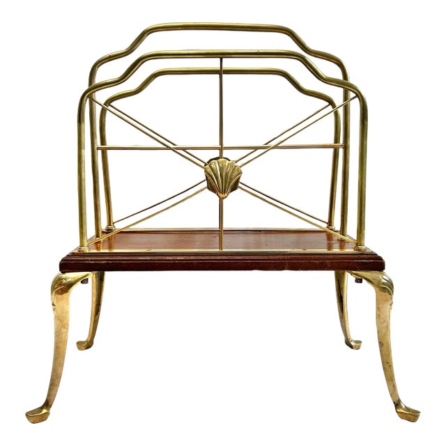 Mid Century Hollywood Regency Brass Magazine Rack - Art Nouveau Scallop Design Rack For Sale