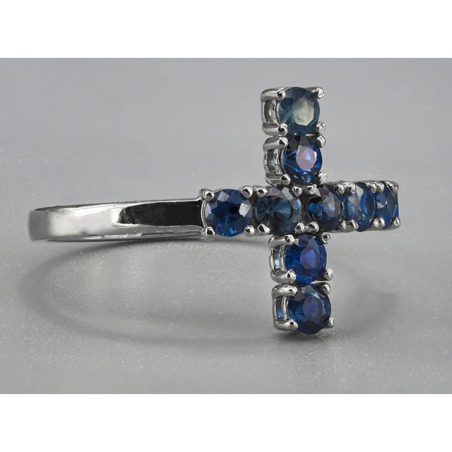 Blue Sapphire Cross Ring Band. Sapphire 14k gold ring. September birthstone ring. Cross Statement Ring. Semi Eternity...