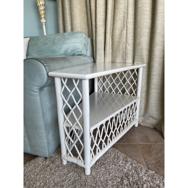 White 1950’s Henry Olko for Willow & Reed White Lattice Rattan Triangular Corner Table For Sale - Image 8 of 13