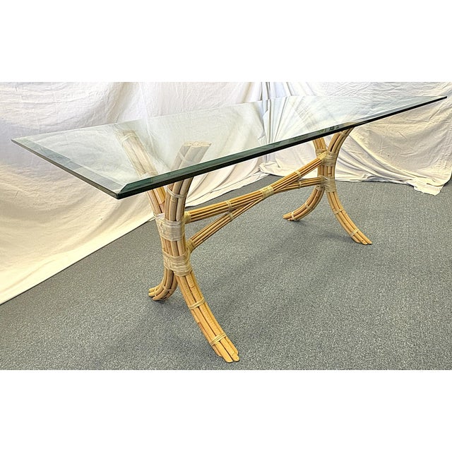 McGuire Mid Century McGuire Style Bamboo With Rawhide Wrap and Glass Top Dining Table For Sale - Image 4 of 16
