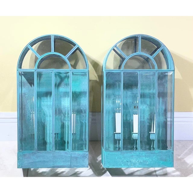 Pair of Vintage Solid Brass Wall Lanterns / Sconces With Rich Verdigris Patina For Sale - Image 12 of 13
