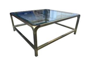 Large Vintage Mastercraft Style Solid Brass Waterfall Coffee Table With Beveled Glass Top