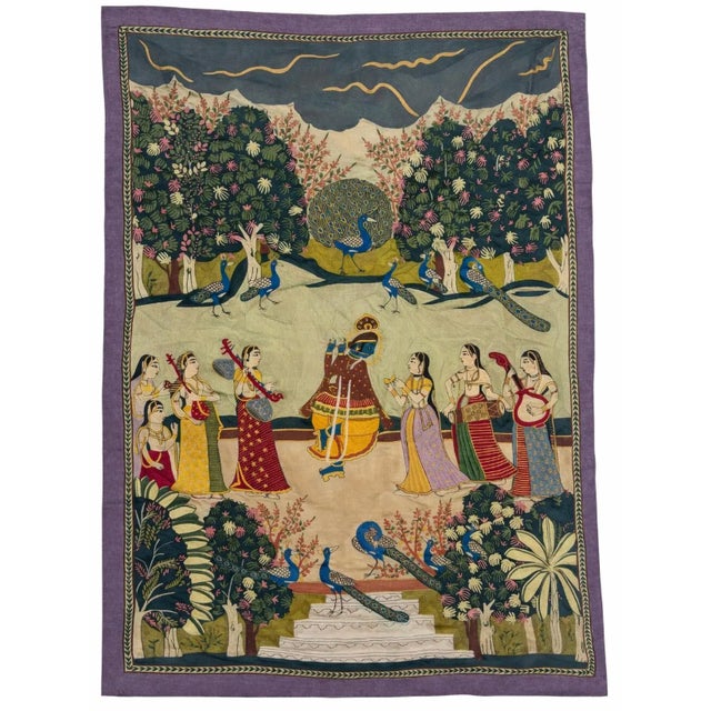 Hand Embroidered Krishna Ras Leela Tapestry, 1960s For Sale - Image 6 of 6