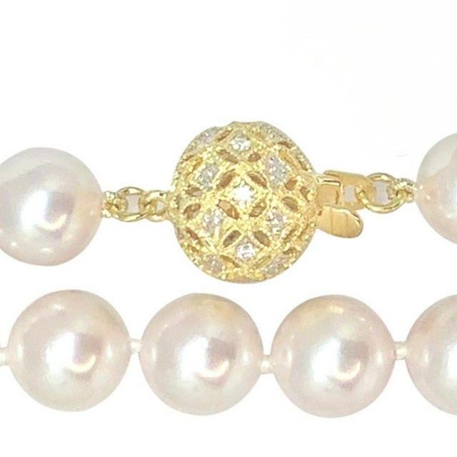 1990s 1990s Diamond Akoya Pearl Necklace 14k Gold 8 Mm 36 in Certified For Sale - Image 5 of 11