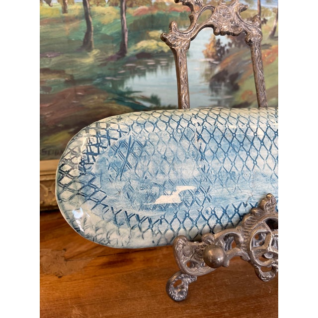 Handmade Studio Pottery Tray With Blue Abstract Glaze and Textured Underside For Sale - Image 9 of 9