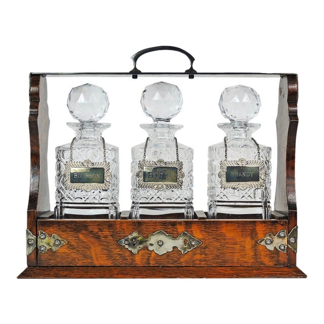 Oak Tantalus With Crystal Decanter Set With Sterling Silver Labels