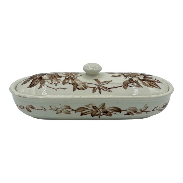 1887 Victorian Kew Brown Transferware Brush Box by Brown-Westhead Moore — Lidded Washstand Piece For Sale