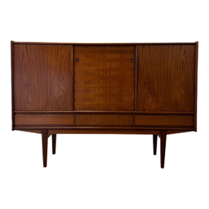 1950s Danish Teak Tall Sideboard / Highboard With Inlaid Veneer Design