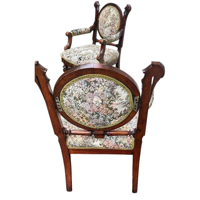 Camel Rare Pair of Antique Medallion Back Parlor Armchairs – Ornate Carved Wood & Floral Tapestry For Sale - Image 8 of 12