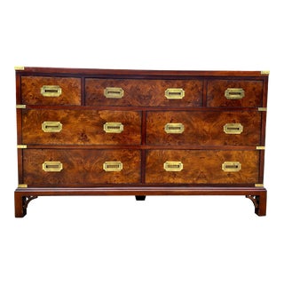 Late 20th Century Hekman Mahogany and Burl Walnut Campaign Dresser or Sideboard For Sale
