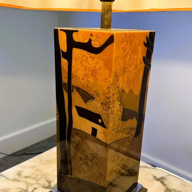 Vintage Table Lamp in Burl Wood with Abstract Inlay by Jean Claude Mahey, 1970s For Sale - Image 6 of 9