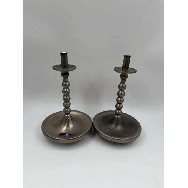 Mid-Century Brushed Chrome Bobbin Candlestick Holders Set Taper by Stoff Nagel, 1950s, Set of 2 For Sale - Image 14 of 15