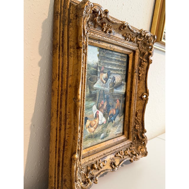 Vintage Signed Rooster and Chickens Oil Painting Farmyard Hen Scene, Gold Frame For Sale - Image 10 of 12
