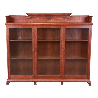 Antique Arts & Crafts Quarter Sawn Oak Glass Front Triple Bookcase, Circa 1900 For Sale