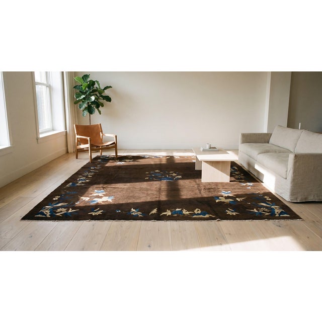 Textile 1890s Brown Floral Medallion Antique Chinese Peking Rug 8'2" X 9'5" Hand Knotted Wool Carpet For Sale - Image 7 of 7