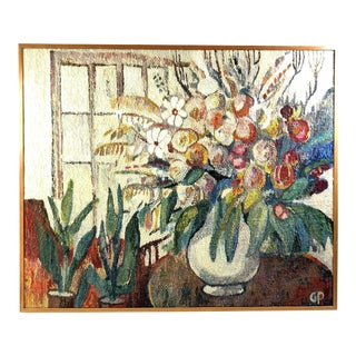 1980s Large Multicolored Still Life Wood Framed Yarn Art Wall Hanging For Sale