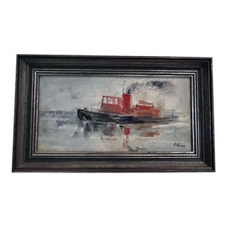 Vintage Impressionist Oil on Board Harbor Tugboat Painting For Sale
