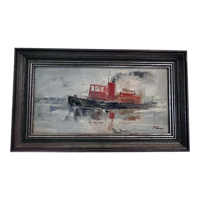 Vintage Impressionist Oil on Board Harbor Tugboat Painting For Sale