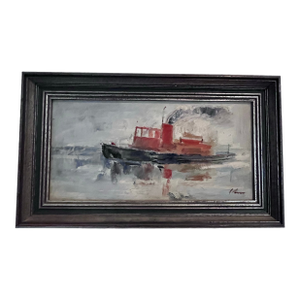 Vintage Impressionist Oil on Board Harbor Tugboat Painting