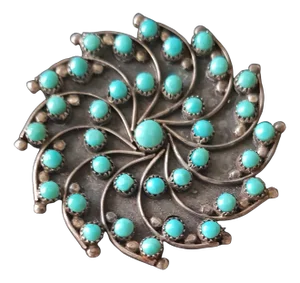 Petit Mid-Century Turquoise and Silver Zuni Point Sun Wheel Brooch and Pendant