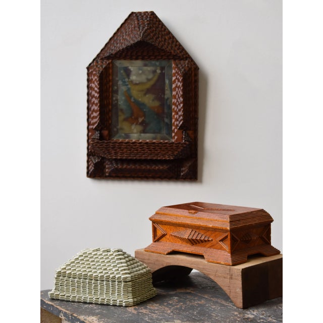 Exceptional Vintage Art Deco Prison Art Shellacked Matchstick Box, Circa 1920s-40s. The use of material is unassuming...