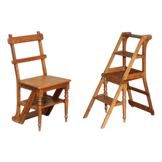 Antique English Arts & Crafts Metamorphic Library Steps in Tiger Oak, 1880 For Sale