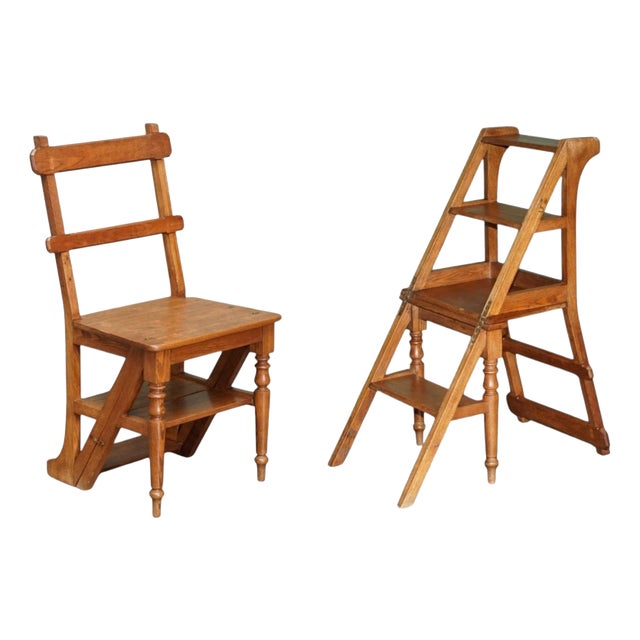 Antique English Arts & Crafts Metamorphic Library Steps in Tiger Oak, 1880 For Sale