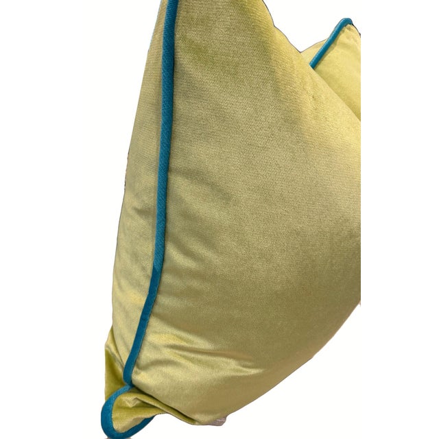 Chartreuse Velvet With Turquoise Trim Sofa Pillows - A Pair For Sale - Image 4 of 4