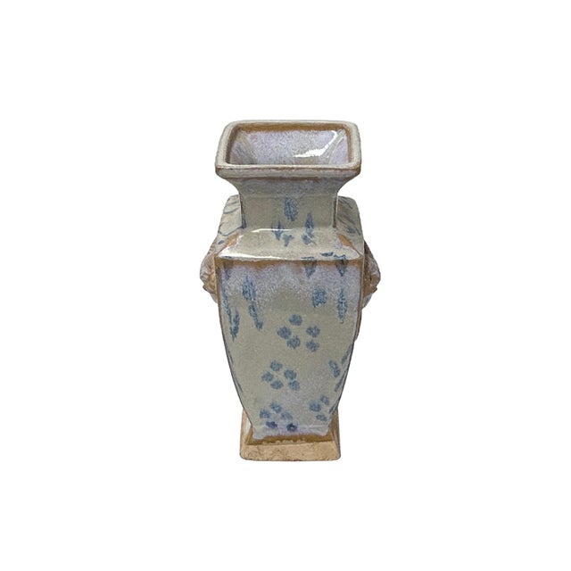 Ceramic Pale White Blue Flecks Ram Heads Motif Square Art Vase For Sale - Image 4 of 7