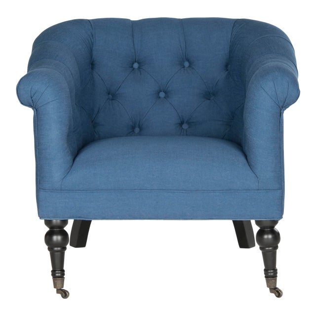 Tufted Club Chair in Steel Blue & Black For Sale