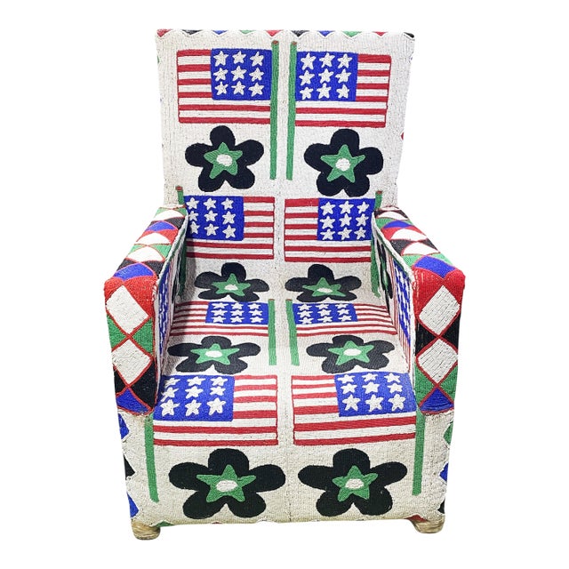 Vintage African Nobility Nigerian Yoruba Beaded ArmChair W/ Stylized American Flags. For Sale