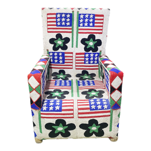 Vintage African Nobility Nigerian Yoruba Beaded ArmChair W/ Stylized American Flags.
