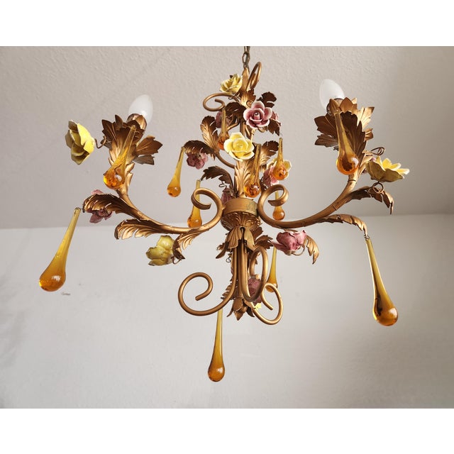 Vintage Venetian Three-Light Chandelier with Murano Glass Drops, 1960s For Sale - Image 10 of 18