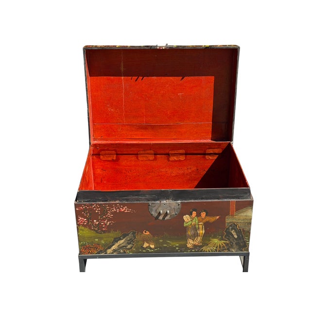 Chinoiserie Chinoiserie Painted Chinese Trunk Chest on Stand Table For Sale - Image 3 of 4