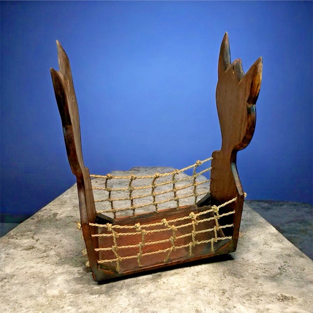 Folk Art Vintage Hand-Carved Wooden & Climbing Rope Cat Folk Art Magazine Rack Holder For Sale - Image 3 of 5