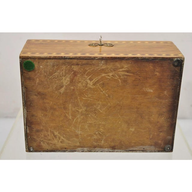 Late 19th Century Antique English Marquetry Inlaid Wood Large Tea Caddy Lined in Metal Desk Box For Sale - Image 11 of 12
