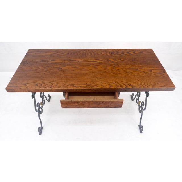 Wood Solid Warmed Chestnut Wrought Iron Base One Drawer Writing Table Desk MINT For Sale - Image 7 of 12
