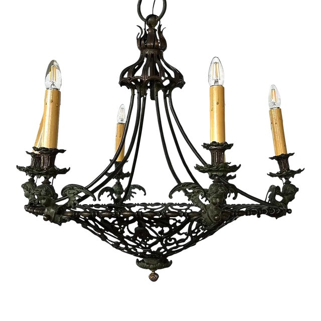 Large French Renaissance Revival Cast Bronze Six-Light Chandelier For Sale