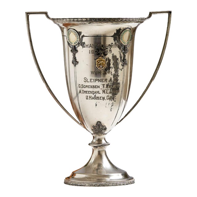 Ex Large Silver Plated Enameled Bowling Trophy For Sale