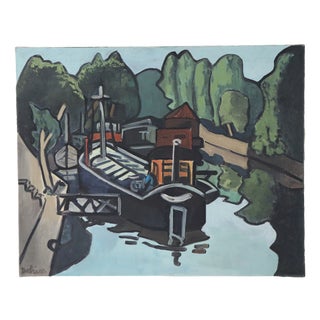 G. Delaire, Barges on the Seine, 20th Century, Oil Painting on Canvas For Sale