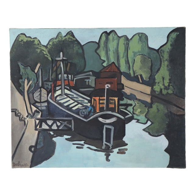 G. Delaire, Barges on the Seine, 20th Century, Oil Painting on Canvas For Sale