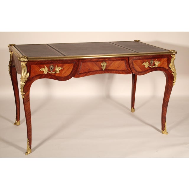 French Antique Louis XV Style King Wood and Tulip Wood Bronze Mounted Leather Top Desk For Sale - Image 3 of 12