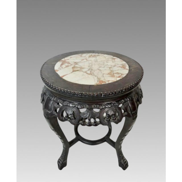 Early 20th Century Antique Chinese Carved Rosewood and Beige Marble Plant Display Stand/Pedestal, Side Table, or Stool For Sale - Image 5 of 10