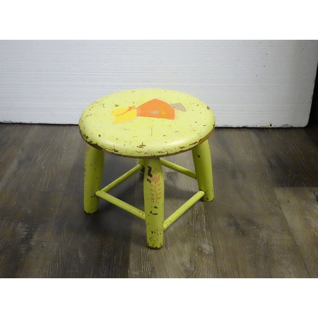 1970s Vintage French Country Lime Green Rustic Footstool Stool W a Child Pictured For Sale - Image 5 of 16