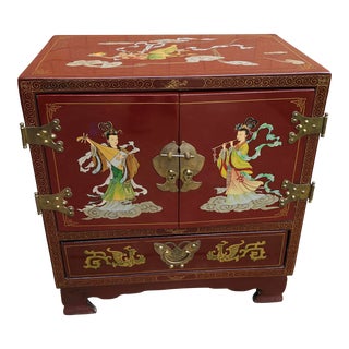 20th Century Hand Painted and Decorated Chinoiserie Red Lacquered Side Cabinet For Sale