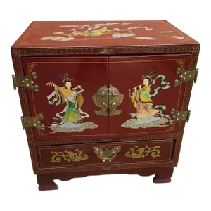 20th Century Hand Painted and Decorated Chinoiserie Red Lacquered Side Cabinet
