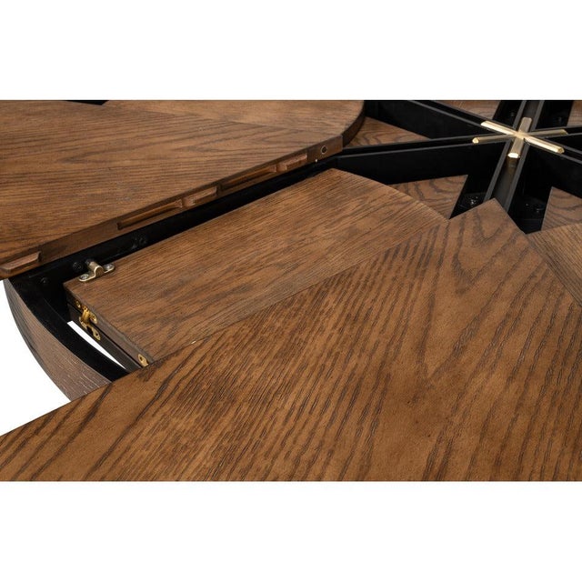 Transitional Round Dining Table, Medium - Light Brown Oak With Hammered Iron Accents For Sale - Image 9 of 11