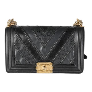 Black Calfskin Caviar In The Mix Chevron Old Medium Boy Handbag For Sale