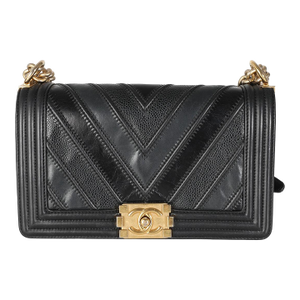 Black Calfskin Caviar In The Mix Chevron Old Medium Boy Handbag